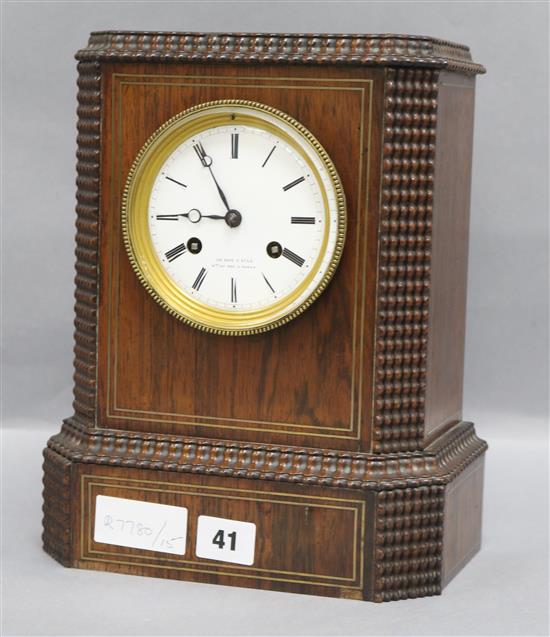 A Le Roy et Fils silk suspension rosewood and brass inlaid mantel clock height 28cm